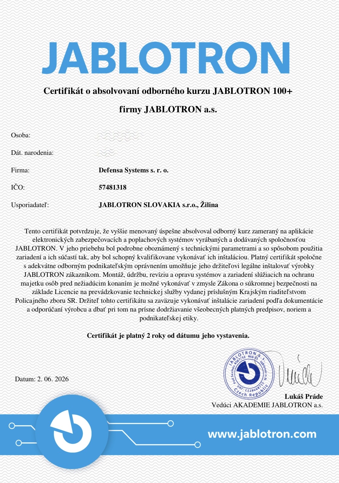 Certifikát Jablotron 100+
