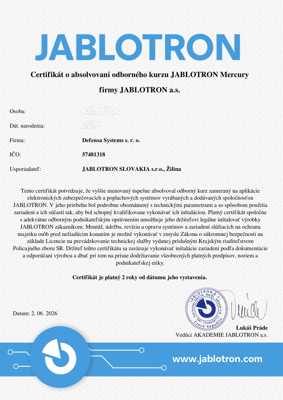 Certifikát Jablotron Mercury